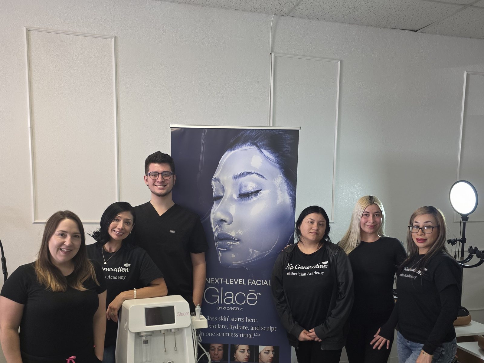 Nu Generation Esthetics Academy instructors and students with the Glace by Candela facial system in El Paso, TX